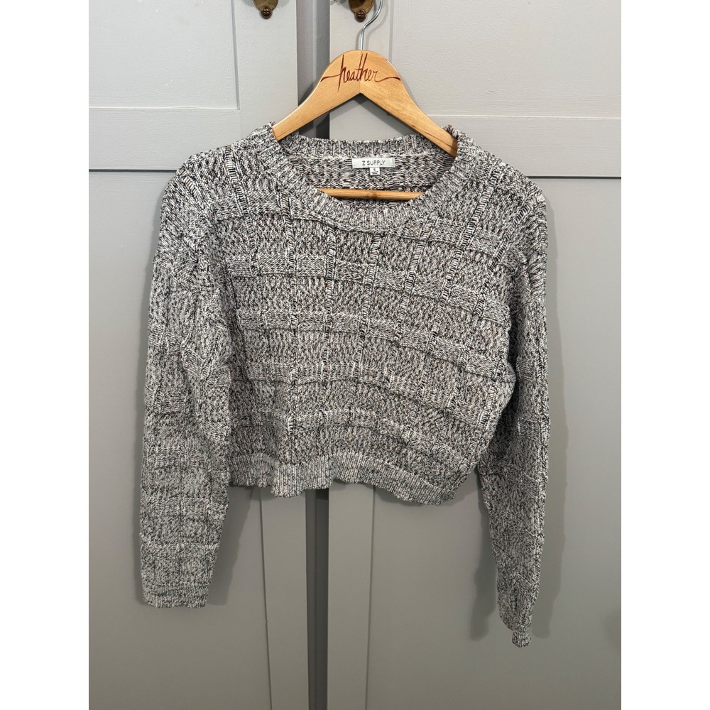 Z Supply Women Marled Grey Tan Textured Grid Cropped Crewneck Sweater Size S